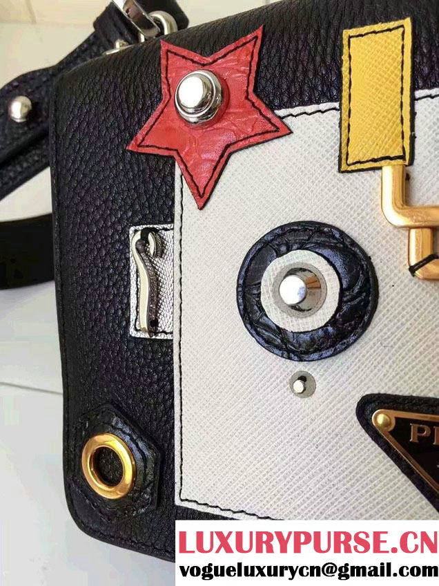 Prada Robot Motif Calf Leather Shoulder Bag 1BD055 Black/White 2016