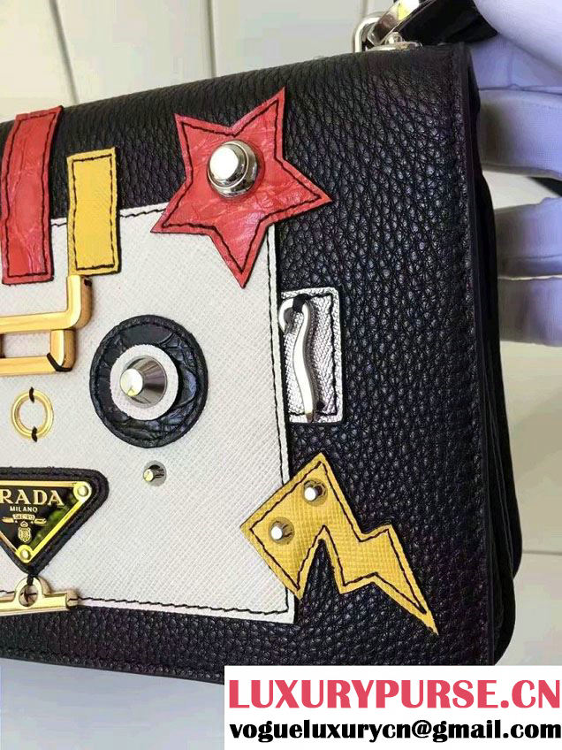 Prada Robot Motif Calf Leather Shoulder Bag 1BD055 Black/White 2016