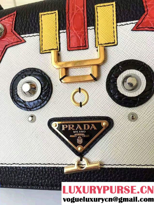 Prada Robot Motif Calf Leather Shoulder Bag 1BD055 Black/White 2016