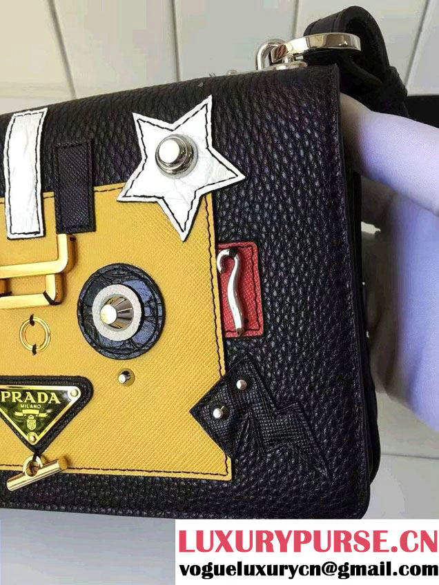 Prada Robot Motif Calf Leather Shoulder Bag 1BD055 Black/Yellow 2016