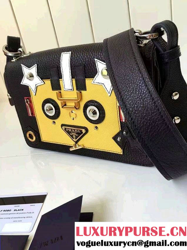 Prada Robot Motif Calf Leather Shoulder Bag 1BD055 Black/Yellow 2016