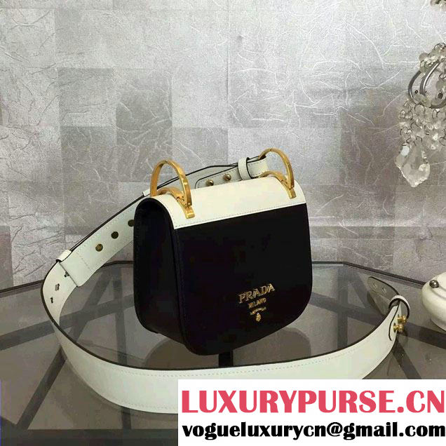 Prada Pionniere Calf Leather Shoulder Bag 1BD039 Black/White 2016