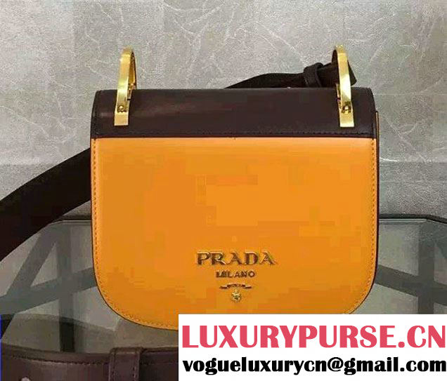 Prada Pionniere Calf Leather Shoulder Bag 1BD039 Yellow/Coffee 2016