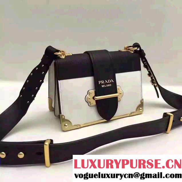 Prada Cahier Calf Leather Shoulder Bag 1BD045 White/Black 2016