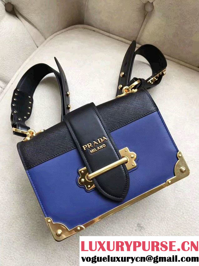Prada Cahier Calf Leather Shoulder Bag 1BD045 Sky Blue/Black 2016