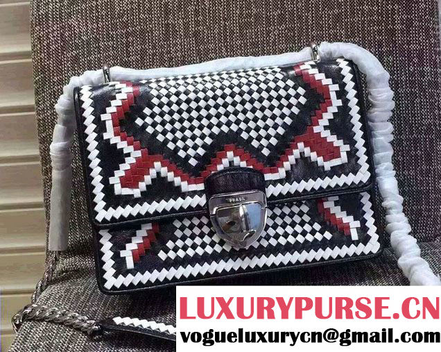 Prada Ethnic Motif Woven Leather Shoulder Bag 1BD038 White/Black/Red 2016