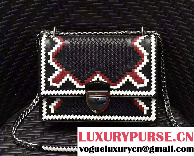 Prada Ethnic Motif Woven Leather Shoulder Bag 1BD038 Black/White/Red 2016