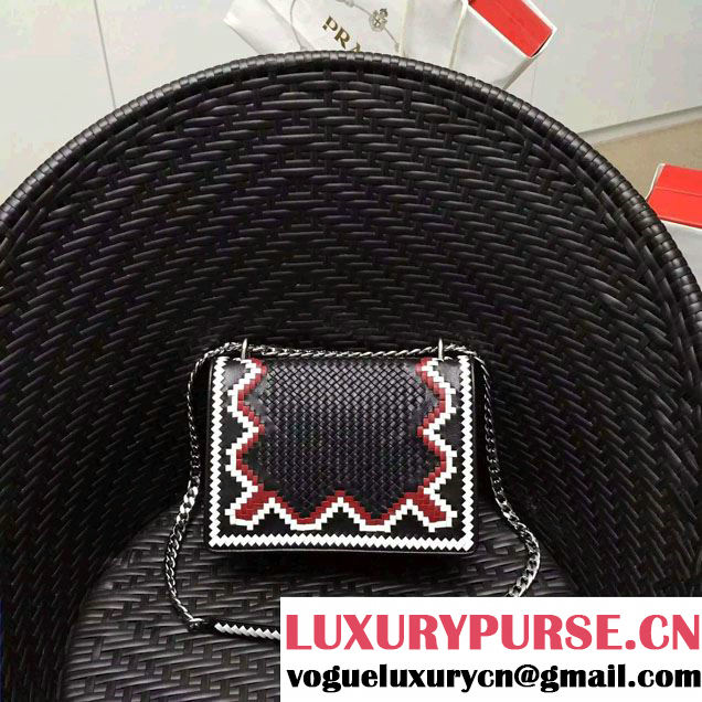 Prada Ethnic Motif Woven Leather Shoulder Bag 1BD038 Black/White/Red 2016