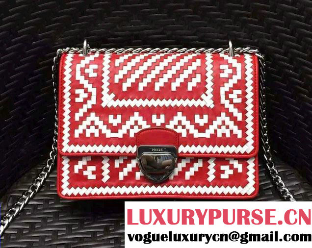 Prada Ethnic Motif Woven Leather Shoulder Bag 1BD038 Red/White 2016