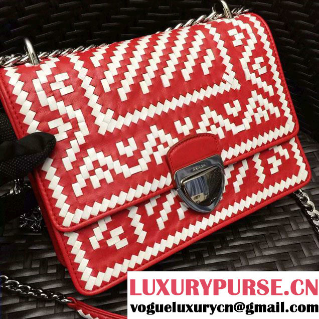 Prada Ethnic Motif Woven Leather Shoulder Bag 1BD038 Red/White 2016
