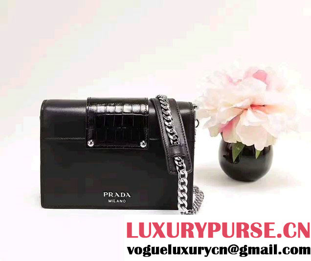 Prada Jewels Ribbon Crocodile and Calf Leather Bag 1BD067 Black 2017