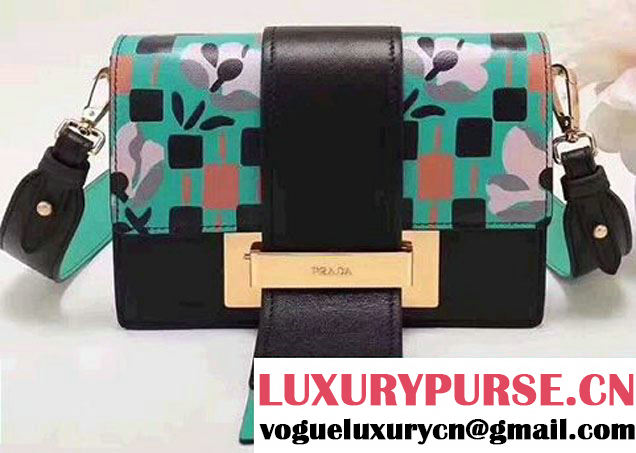 Prada Metal Ribbon Print Madras Goat and Calf Leather Bag 1BD069 Green/Black 2017