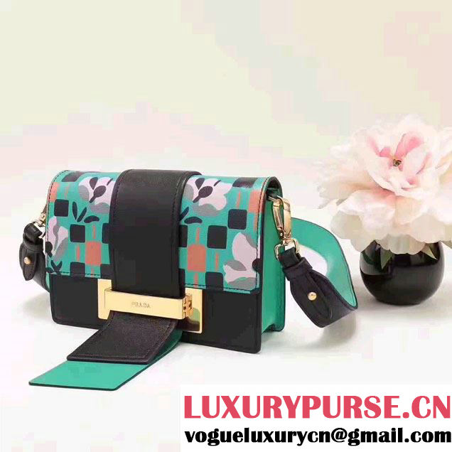 Prada Metal Ribbon Print Madras Goat and Calf Leather Bag 1BD069 Green/Black  2017