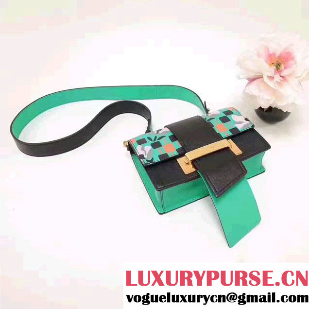 Prada Metal Ribbon Print Madras Goat and Calf Leather Bag 1BD069 Green/Black  2017