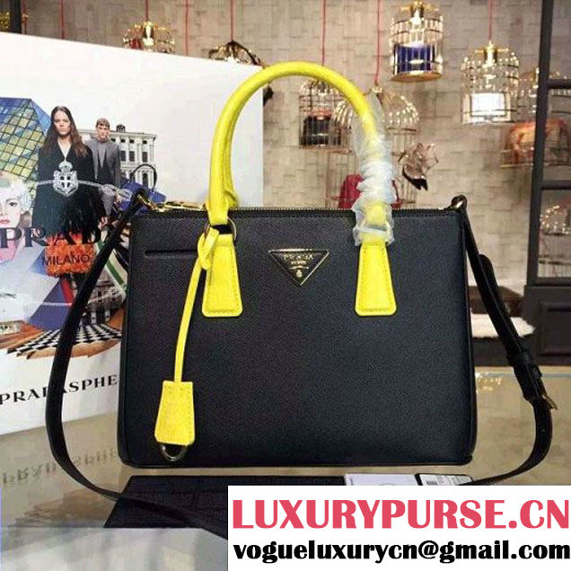 Prada 1BA863 Two-tone Galleria Saffiano Leather Bag Black/Yellow 2016 (2A016-6022902 )