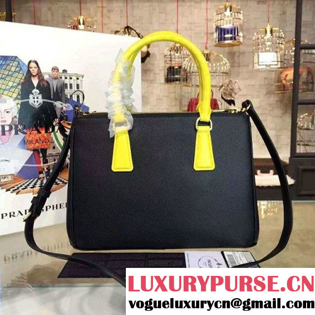 Prada 1BA863 Two-tone Galleria Saffiano Leather Bag Black/Yellow 2016 (2A016-6022902 )
