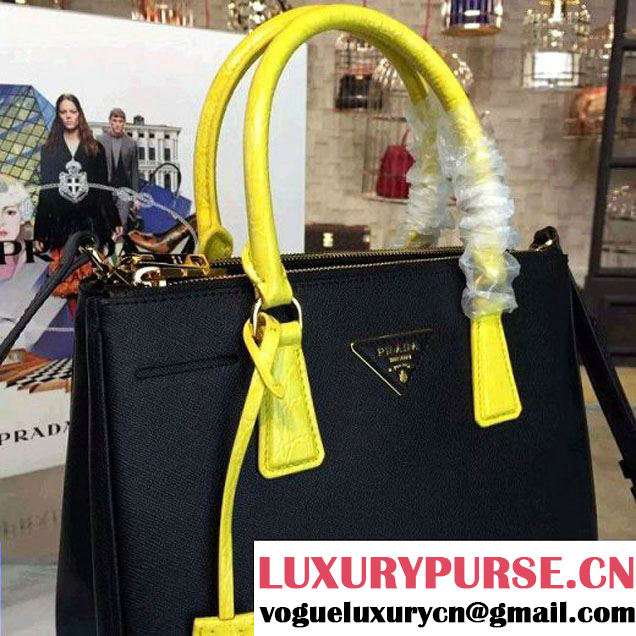 Prada 1BA863 Two-tone Galleria Saffiano Leather Bag Black/Yellow 2016 (2A016-6022902 )