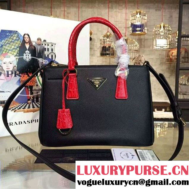 Prada 1BA863 Two-tone Galleria Saffiano Leather Bag Black/Red 2016 (2A016-6022903 )