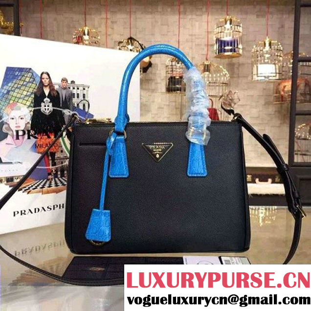 Prada 1BA863 Two-tone Galleria Saffiano Leather Bag Black/Blue 2016 (2A016-6022904 )