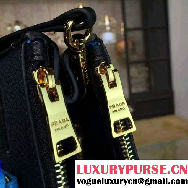 Prada 1BA863 Two-tone Galleria Saffiano Leather Bag Black/Blue 2016 (2A016-6022904 )