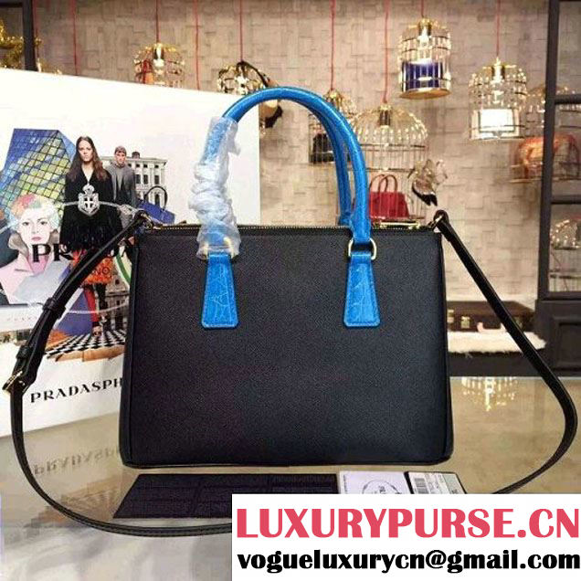 Prada 1BA863 Two-tone Galleria Saffiano Leather Bag Black/Blue 2016 (2A016-6022904 )