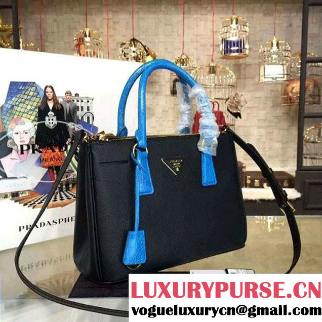 Prada 1BA863 Two-tone Galleria Saffiano Leather Bag Black/Blue 2016 (2A016-6022904 )