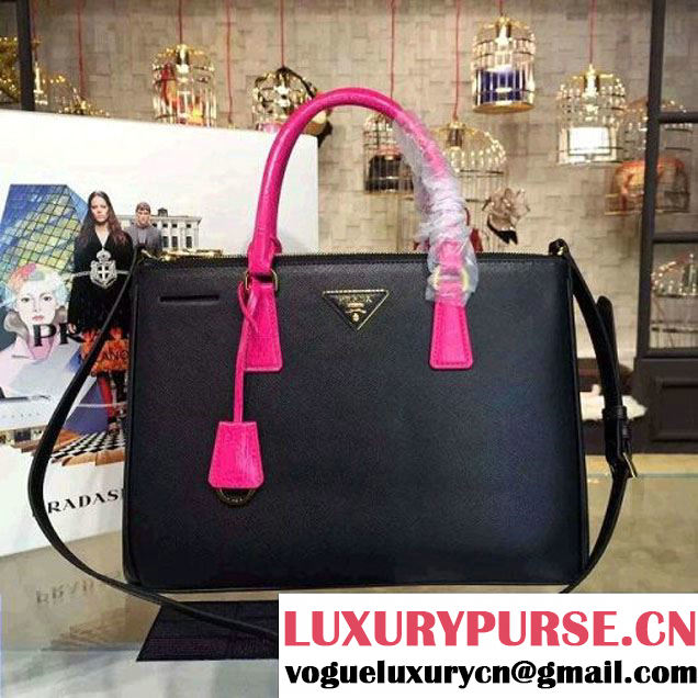 Prada Large Two-tone Galleria Saffiano Leather Bag Black/Rosy 2016 (2A016-6022905 )