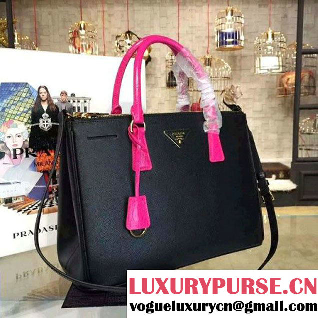 Prada Large Two-tone Galleria Saffiano Leather Bag Black/Rosy 2016 (2A016-6022905 )