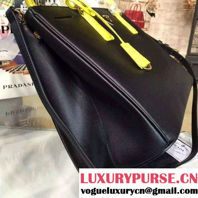 Prada Large Two-tone Galleria Saffiano Leather Bag Black/Yellow 2016 (2A016-6022906 )