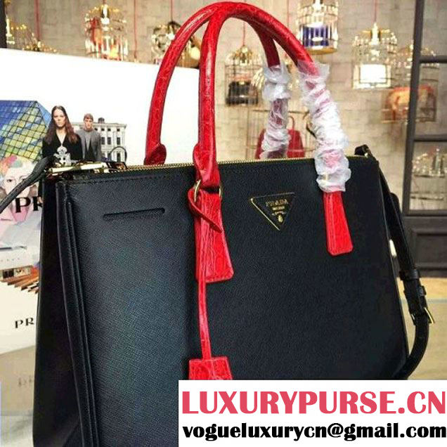 Prada Large Two-tone Galleria Saffiano Leather Bag Black/Red 2016 (2A016-6022907 )