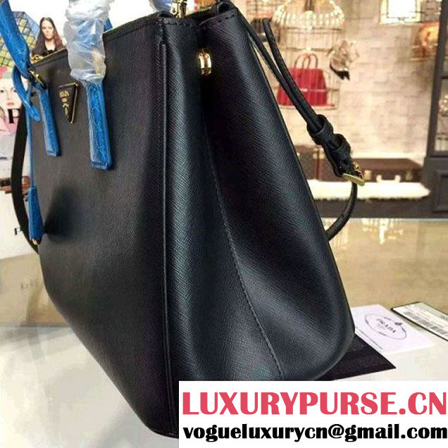 Prada Large Two-tone Galleria Saffiano Leather Bag Black/Blue 2016 (2A016-6022908 )