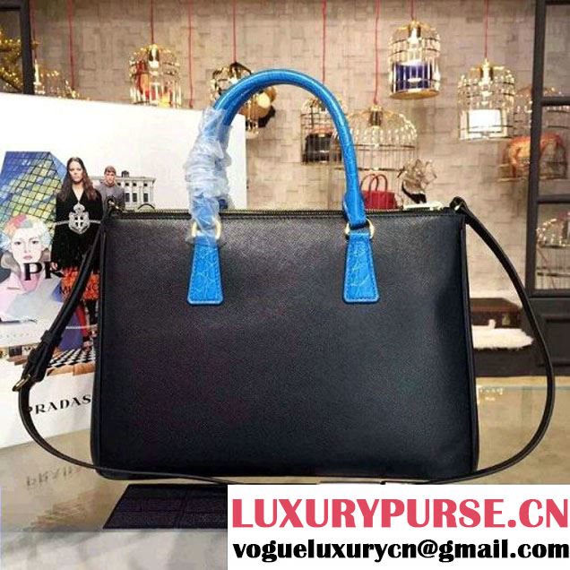 Prada Large Two-tone Galleria Saffiano Leather Bag Black/Blue 2016 (2A016-6022908 )