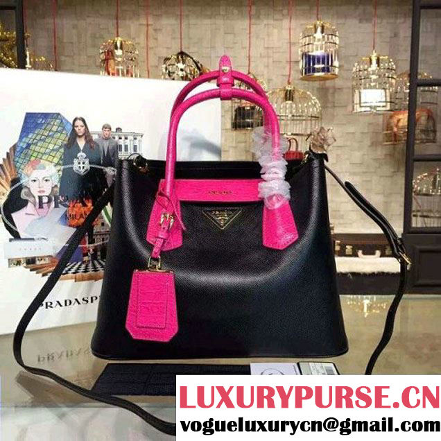 Prada 1BG887 Saffiano Two-tone Double Bag Black/Rosy 2016 (2A016-6022909 )