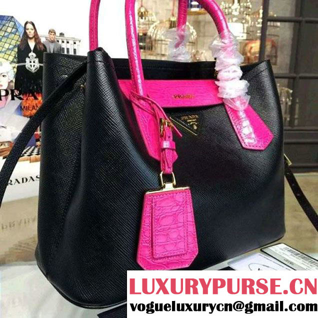 Prada 1BG887  Saffiano Two-tone Double Bag Black/Rosy 2016 (2A016-6022909 )
