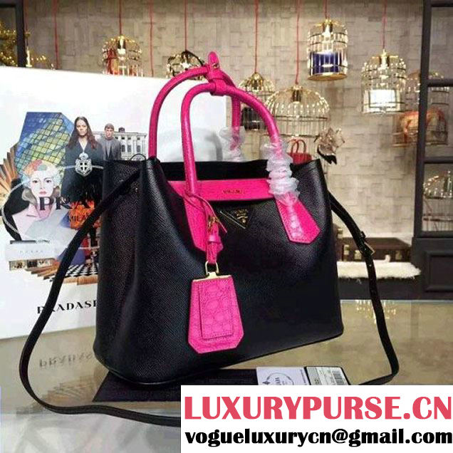 Prada 1BG887  Saffiano Two-tone Double Bag Black/Rosy 2016 (2A016-6022909 )