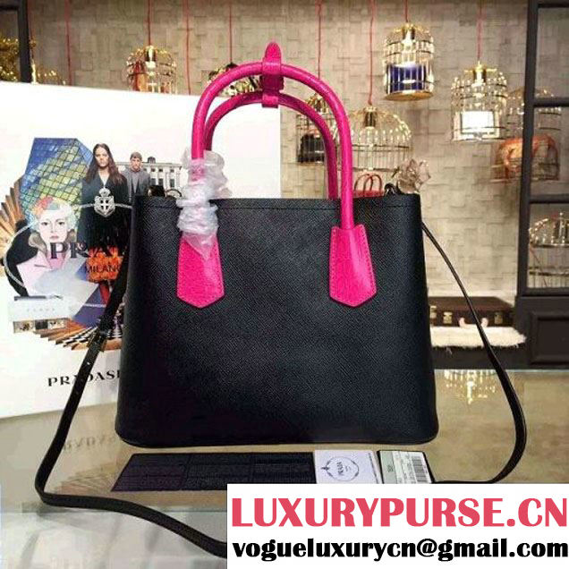 Prada 1BG887  Saffiano Two-tone Double Bag Black/Rosy 2016 (2A016-6022909 )