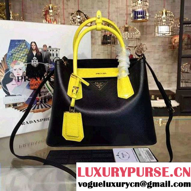 Prada 1BG887 Saffiano Two-tone Double Bag Black/Yellow 2016 (2A016-6022910 )