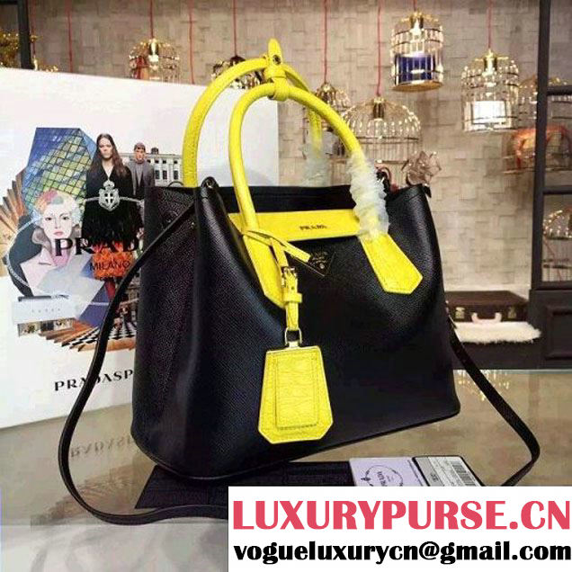 Prada 1BG887  Saffiano Two-tone Double Bag Black/Yellow 2016 (2A016-6022910 )