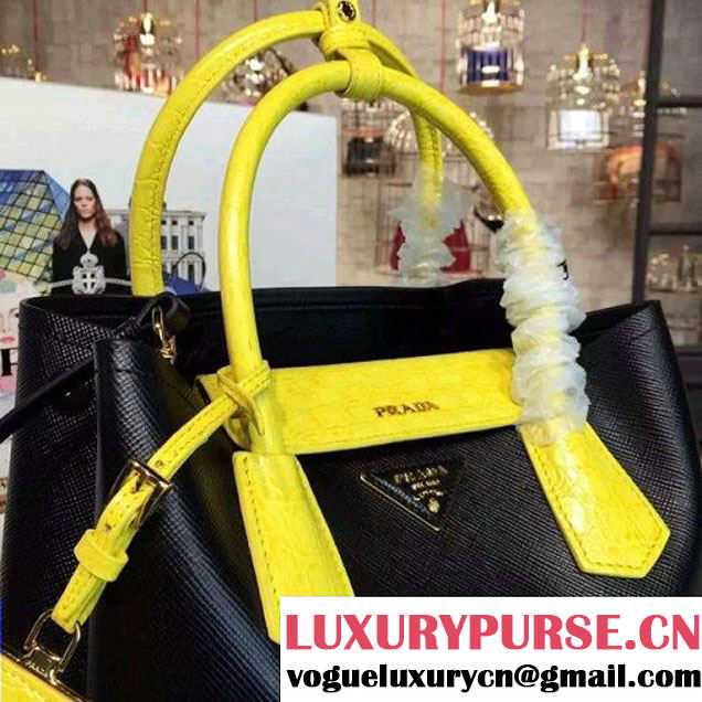 Prada 1BG887  Saffiano Two-tone Double Bag Black/Yellow 2016 (2A016-6022910 )