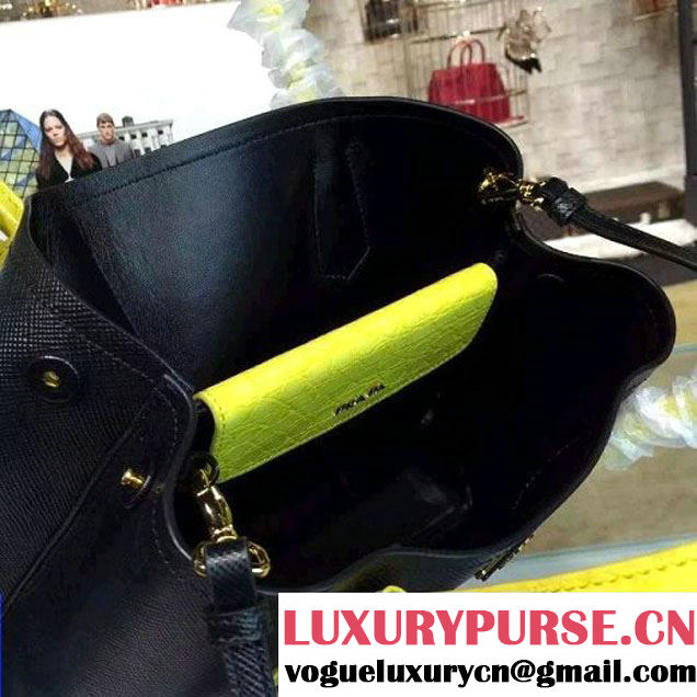 Prada 1BG887  Saffiano Two-tone Double Bag Black/Yellow 2016 (2A016-6022910 )