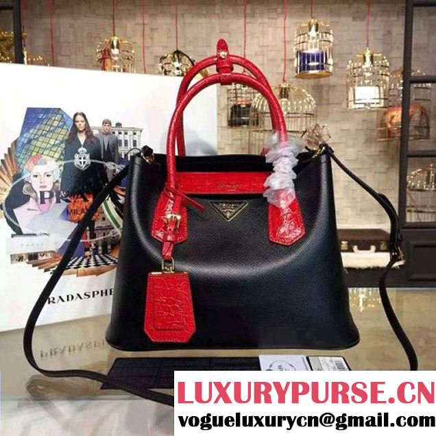 Prada 1BG887 Saffiano Two-tone Double Bag Black/Red 2016 (2A016-6022911 )