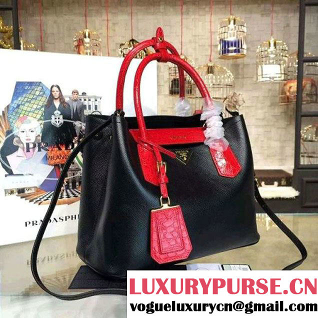 Prada 1BG887  Saffiano Two-tone Double Bag Black/Red 2016 (2A016-6022911 )