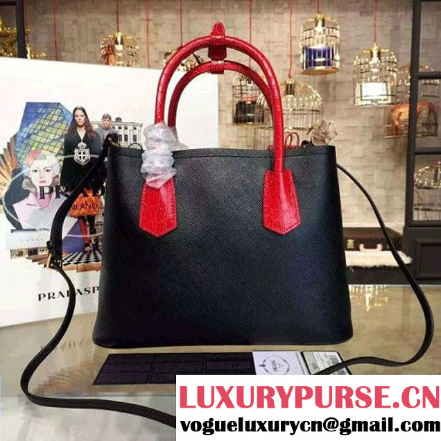 Prada 1BG887  Saffiano Two-tone Double Bag Black/Red 2016 (2A016-6022911 )