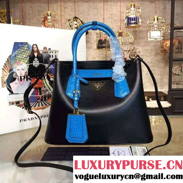 Prada 1BG887 Saffiano Two-tone Double Bag Black/Blue 2016 (2A016-6022912 )