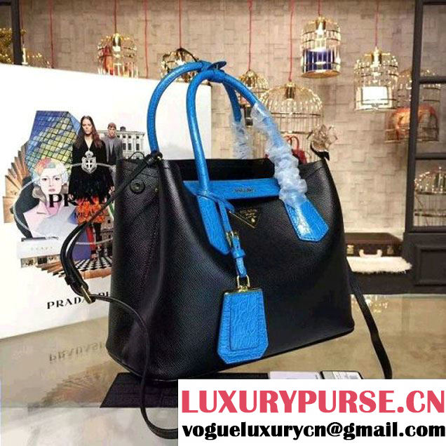 Prada 1BG887  Saffiano Two-tone Double Bag Black/Blue 2016 (2A016-6022912 )