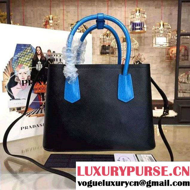 Prada 1BG887  Saffiano Two-tone Double Bag Black/Blue 2016 (2A016-6022912 )