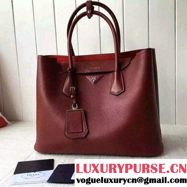 Prada 1BG007 Large Calf Leather Double Bag Burgundy 2016 (2A016-6022923 )