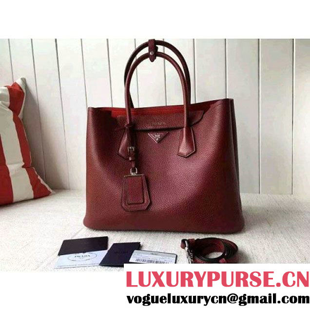 Prada 1BG007 Large Calf Leather Double Bag Burgundy 2016 (2A016-6022923 )