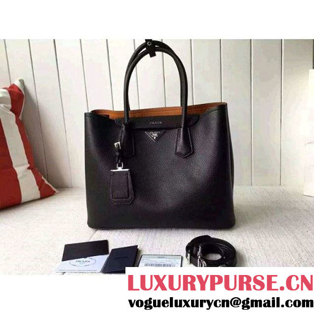 Prada 1BG007 Large Calf Leather Double Bag Black 2016 (2A016-6022924 )