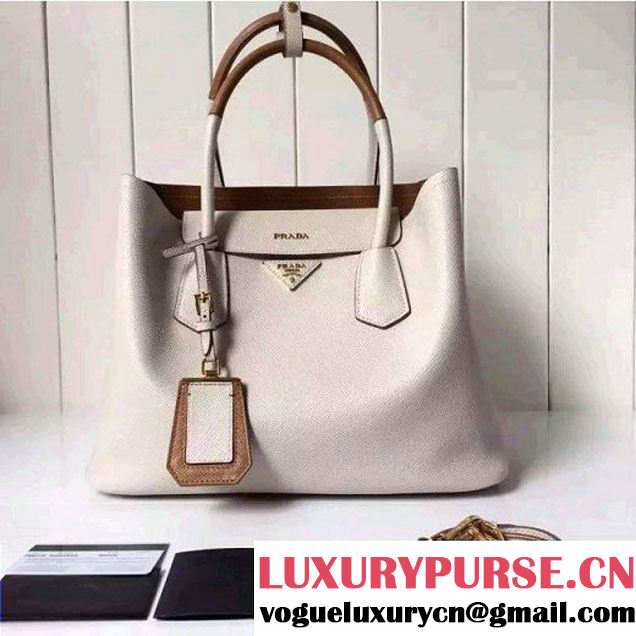 Prada Saffiano Leather Double Bag with Two-tone Handle Milky White/Caramel 2016 (2A016-6051901 )